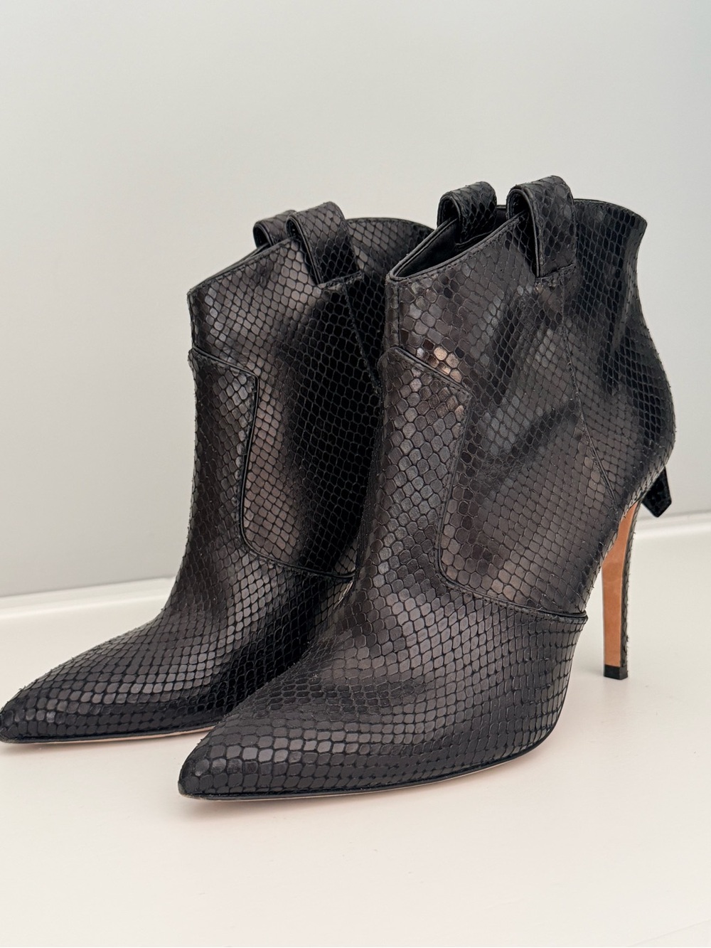 Veronica Beard Black Snake-Embossed Leather Heeled Ankle Booties Sz 38